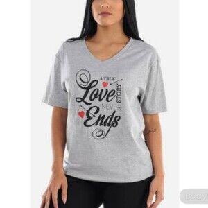 A True Love Story Never Ends Gray V- Neck Shirt XL